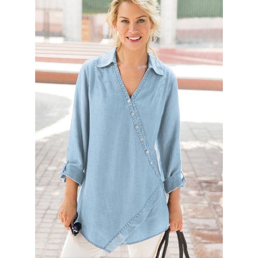 Soft Sorroundings Washed Tencel Tunic roll sleeves size PM light wash denim
